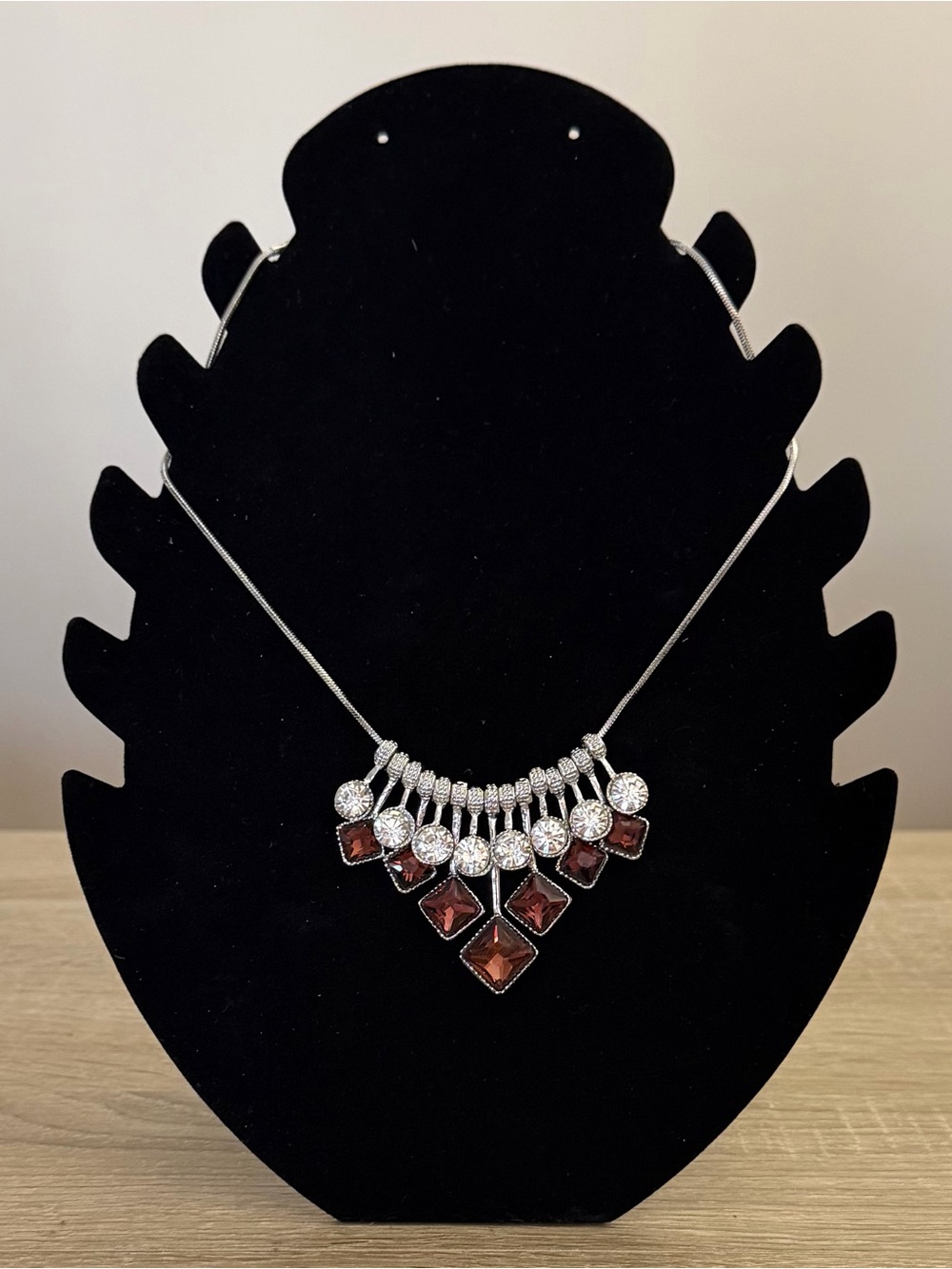 Burgundy Crystal Statement Necklace Silver Rhinestone Jewelry NWT